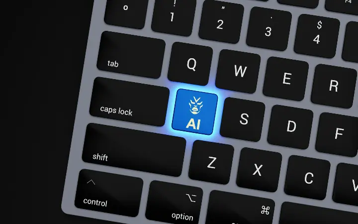 a close up of a keyboard with a blue button