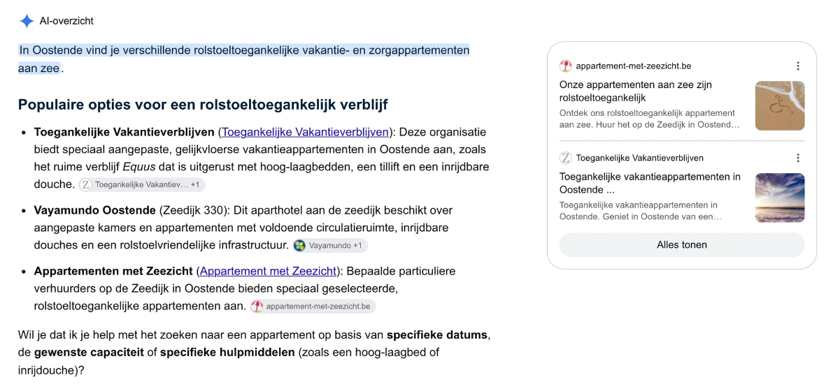 Gemini citeert Seamore appartement-met-zeezicht na vraag naar 'rolstoeltoegankelijk appartement Oostende'