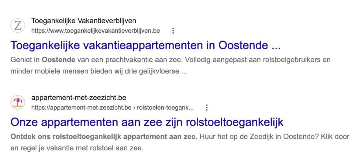 Seamore appartement-met-zeezicht haalt de tweede plaats in Google op keywoorden 'rolstoeltoegankelijk appartement Oostende'